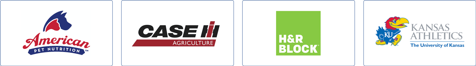 Logos of past clients: APN, Case IH, H&R Block, Kansas Athletics