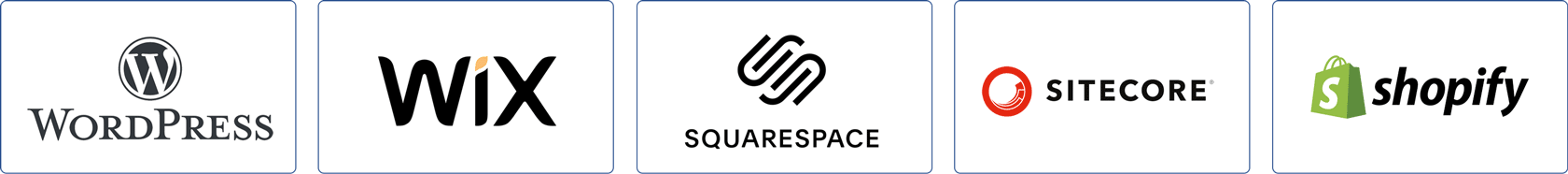 WordPress, Wix, SquareSpace, Sitecore, and Shopify logos