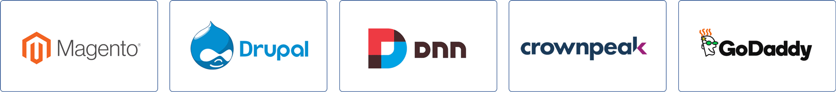 Magento, Drupal, DNN, Crownpeak, and GoDaddy logos