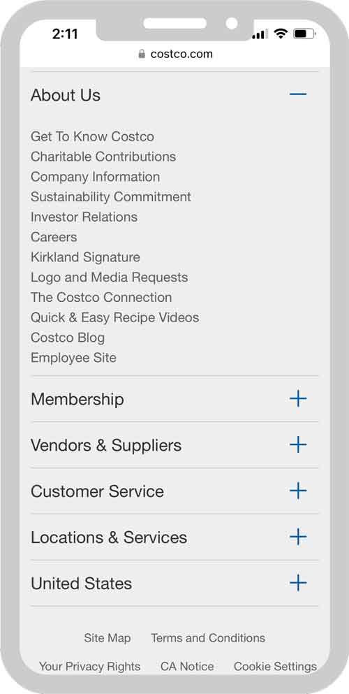 Costo mobile website screenshot