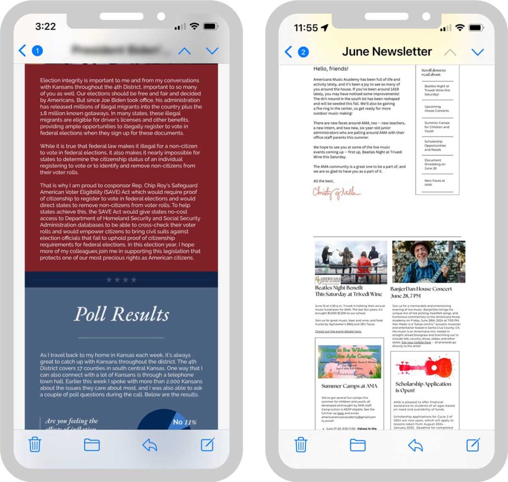 Emails displayed on smartphones